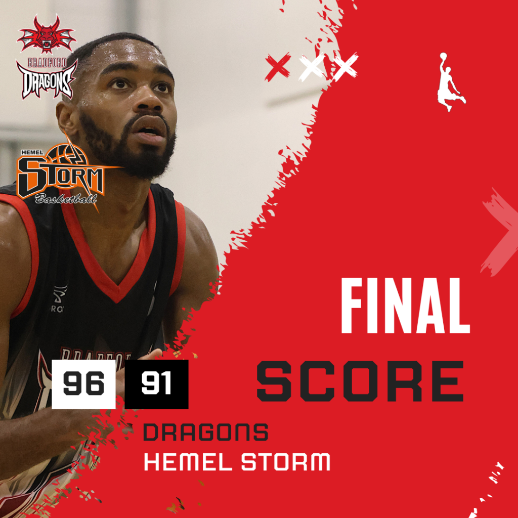 Bradford Dragons pulled off a dramatic late comeback to edge past Hemel Storm 96–91 in a pulsating encounter that went down to the wire. Trailing for more than 33 minutes and facing a 10-point deficit in the second quarter, the Dragons refused to back down. A dominant fourth quarter saw the home side outscore Hemel 32–23, flipping the momentum and sending the home crowd into a frenzy.