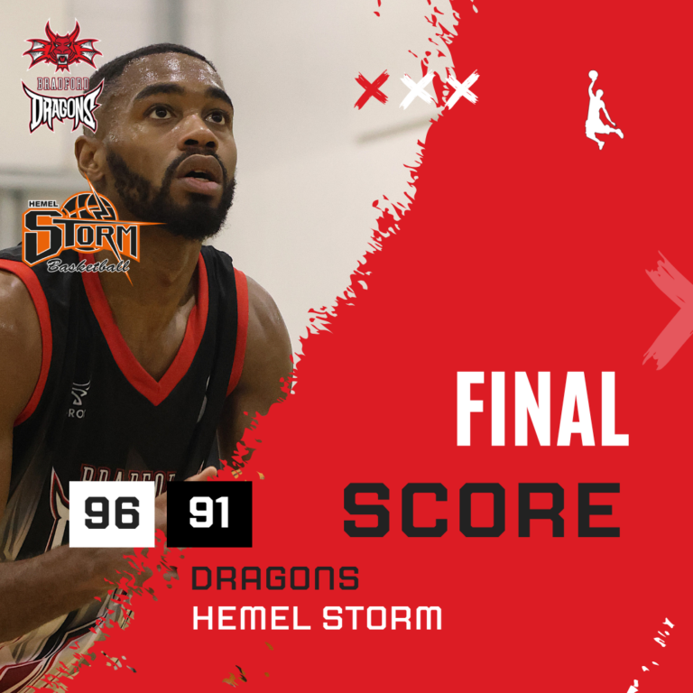 Bradford Dragons pulled off a dramatic late comeback to edge past Hemel Storm 96–91 in a pulsating encounter that went down to the wire. Trailing for more than 33 minutes and facing a 10-point deficit in the second quarter, the Dragons refused to back down. A dominant fourth quarter saw the home side outscore Hemel 32–23, flipping the momentum and sending the home crowd into a frenzy.
